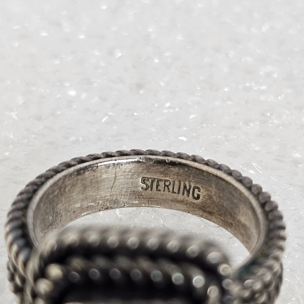 Vtg Sterling Silver Green Quartz Ring Size 7 Square Textured Rope Band Chunky - Picture 7 of 16